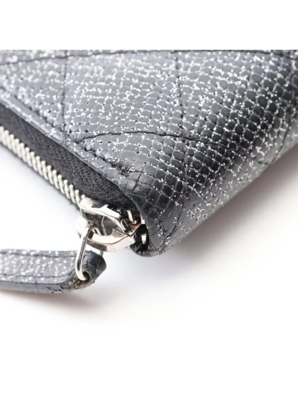 Chanel Round Wallet Quilted Lame Black Caviar Leather
